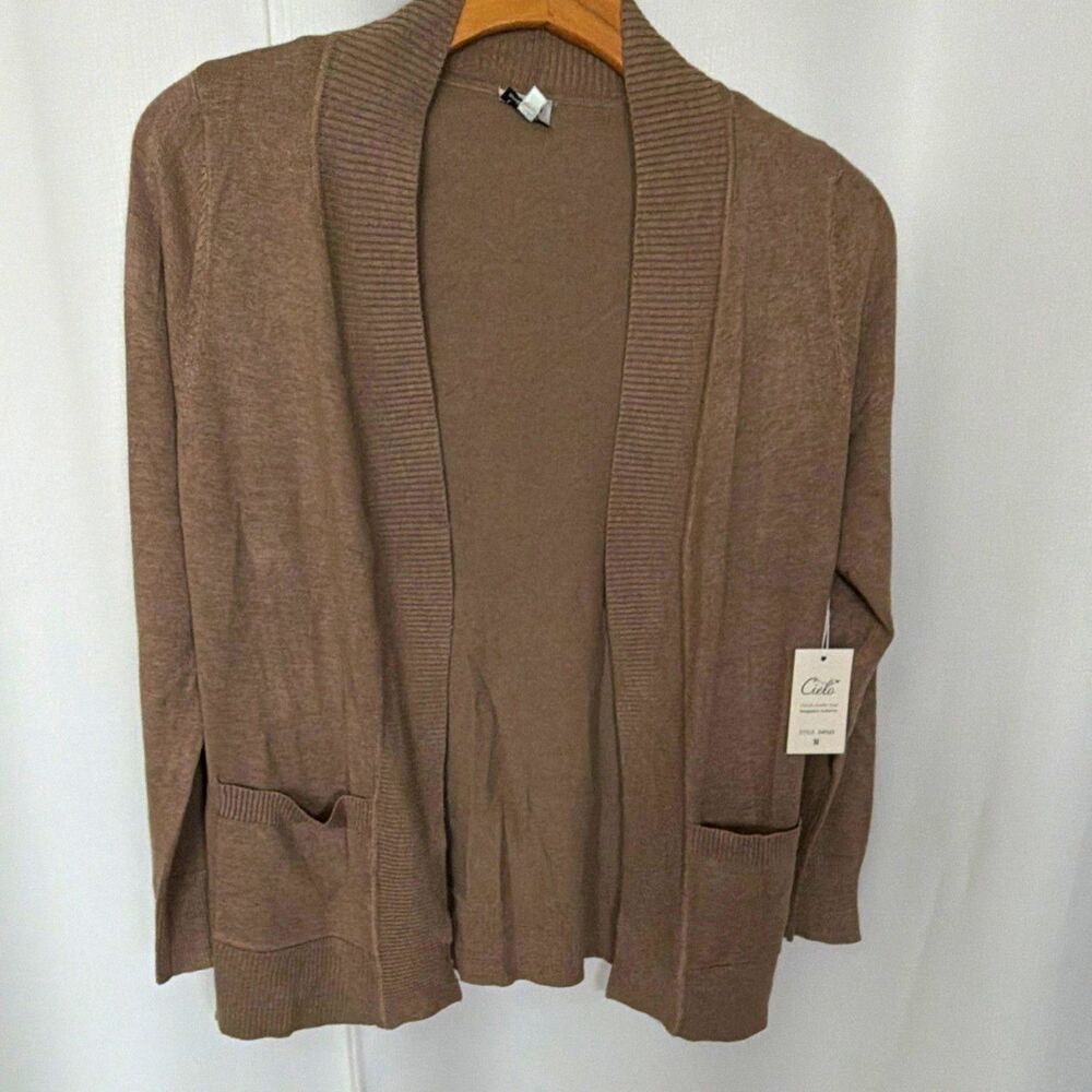 NWT Cielo Women’s Taupe Open Front Knit Cardigan Sweater Pockets Medium